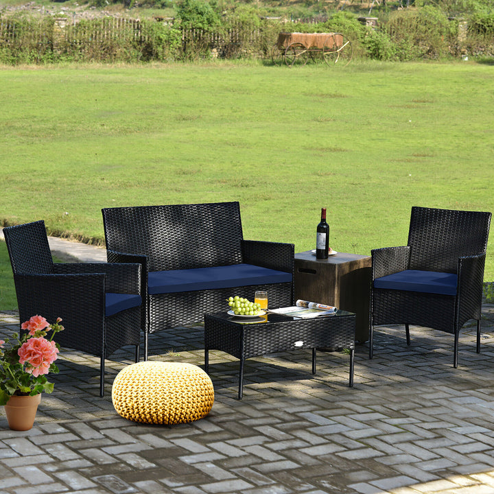 4PCS Outdoor Furniture Set Patio Rattan Conversation Set w/ Navy and Off White Cushion Image 3