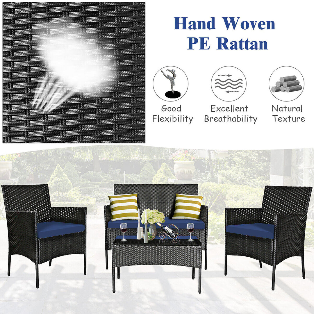 4PCS Outdoor Furniture Set Patio Rattan Conversation Set w/ Navy and Off White Cushion Image 5