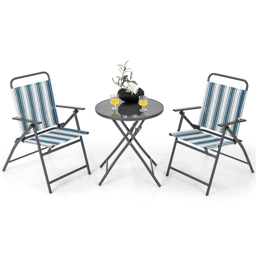 3 Pieces Patio Folding Chair Set w/ 2 Chairs and Glass Round Coffee Table Porch Deck Backyard Image 1