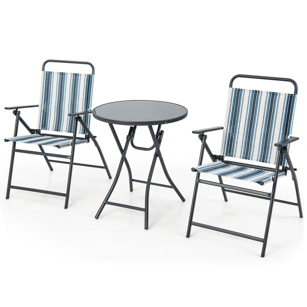 3 Pieces Patio Folding Chair Set w/ 2 Chairs and Glass Round Coffee Table Porch Deck Backyard Image 2