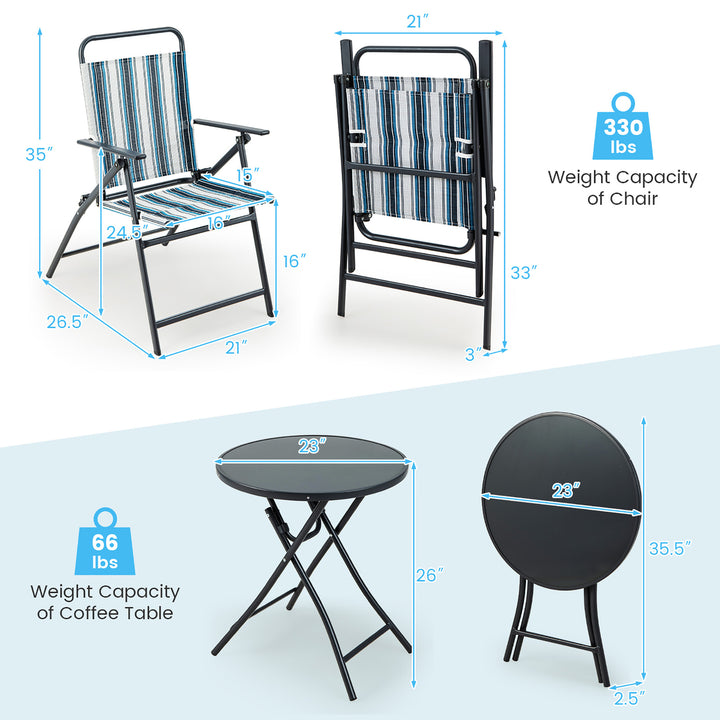 3 Pieces Patio Folding Chair Set w/ 2 Chairs and Glass Round Coffee Table Porch Deck Backyard Image 3