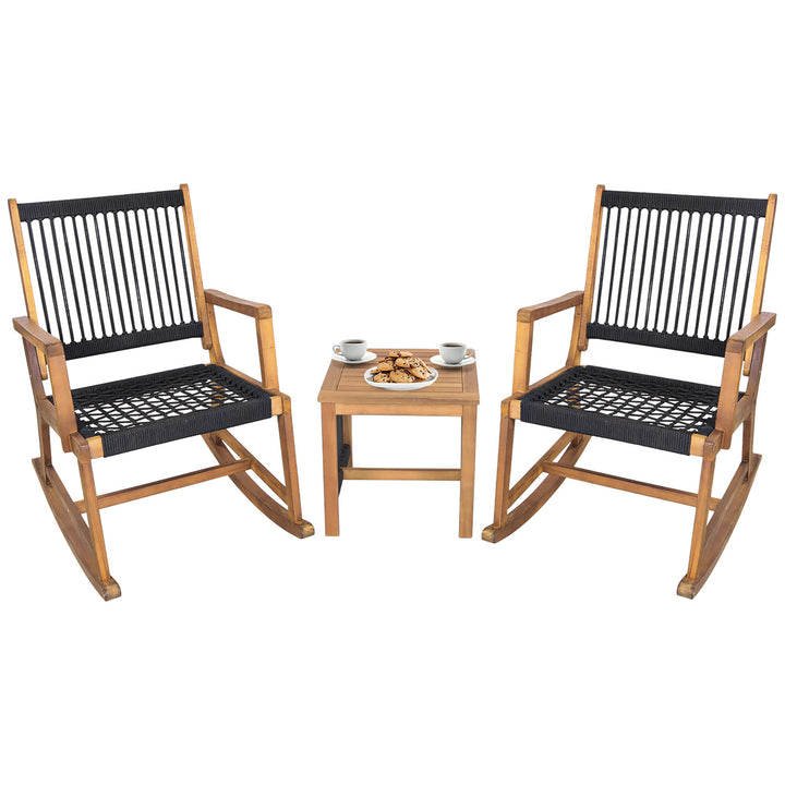 3 Piece Acacia Wood Rocking Chair Set w/ Coffee Table and All-Weather Rope Patio Poolside Image 1