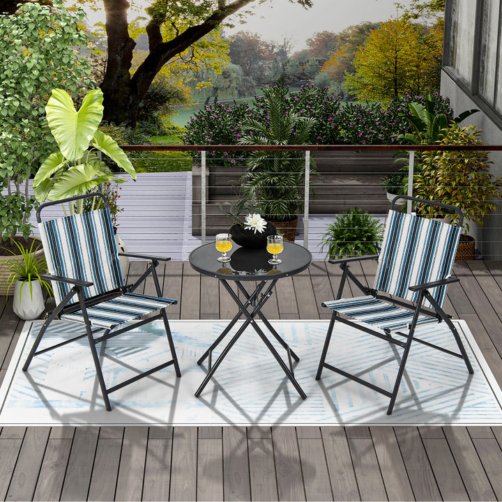 3 Pieces Patio Folding Chair Set w/ 2 Chairs and Glass Round Coffee Table Porch Deck Backyard Image 5