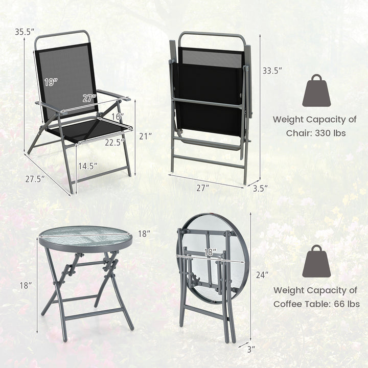 3 Piece Patio Folding Chair Set w/ Coffee Table and Extra-Large Seat Porch Backyard Poolside Image 3