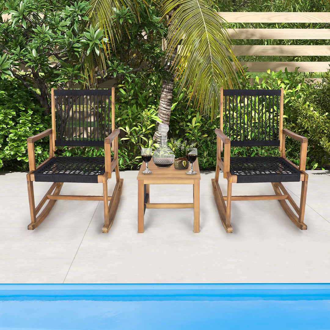 3 Piece Acacia Wood Rocking Chair Set w/ Coffee Table and All-Weather Rope Patio Poolside Image 2