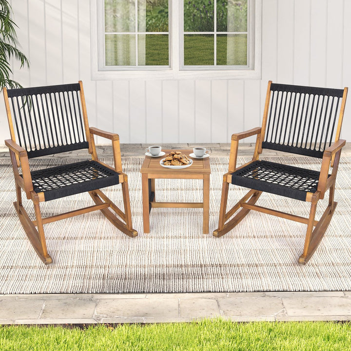 3 Piece Acacia Wood Rocking Chair Set w/ Coffee Table and All-Weather Rope Patio Poolside Image 3