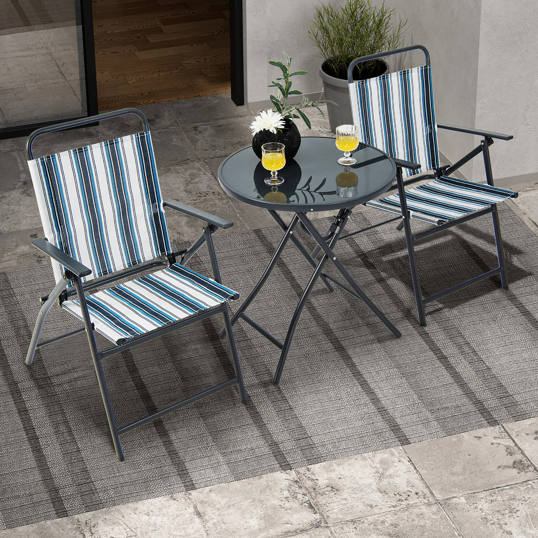 3 Pieces Patio Folding Chair Set w/ 2 Chairs and Glass Round Coffee Table Porch Deck Backyard Image 6