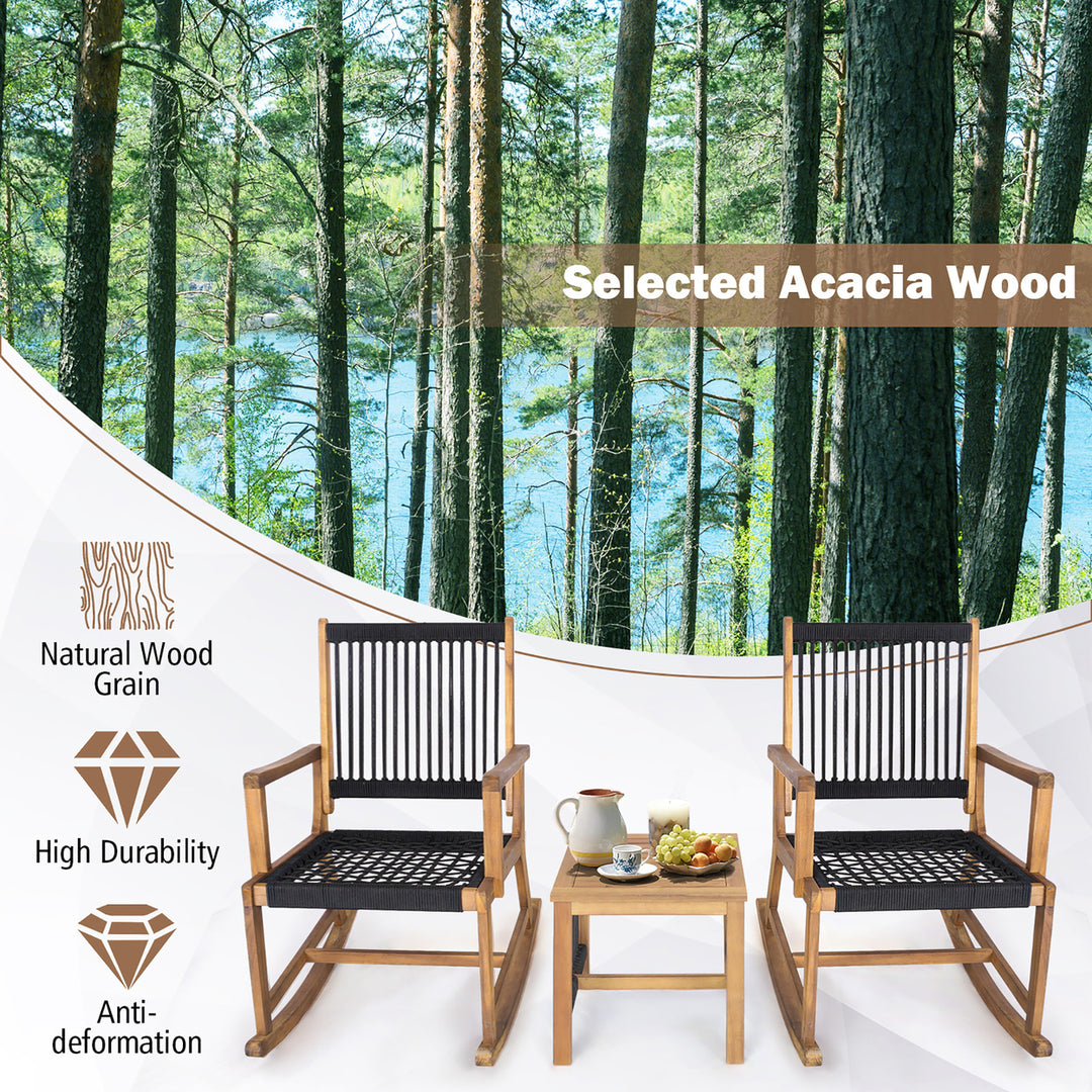 3 Piece Acacia Wood Rocking Chair Set w/ Coffee Table and All-Weather Rope Patio Poolside Image 5