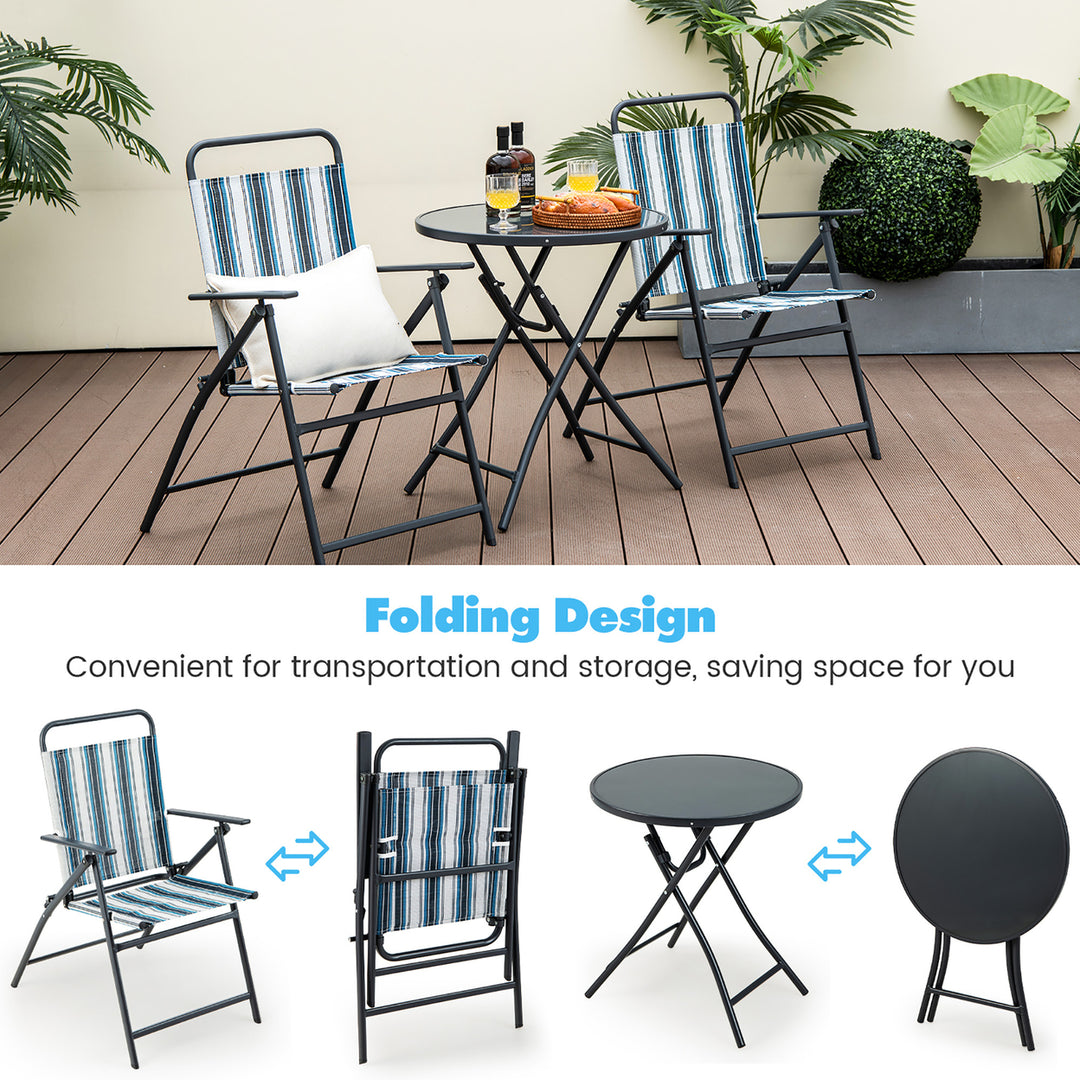 3 Pieces Patio Folding Chair Set w/ 2 Chairs and Glass Round Coffee Table Porch Deck Backyard Image 9