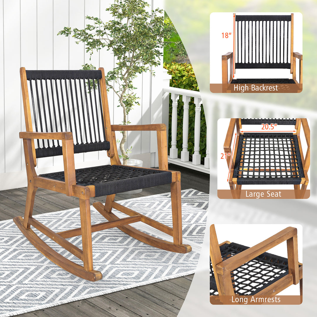 3 Piece Acacia Wood Rocking Chair Set w/ Coffee Table and All-Weather Rope Patio Poolside Image 8