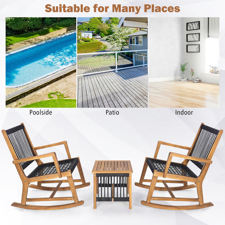 3 Piece Acacia Wood Rocking Chair Set w/ Coffee Table and All-Weather Rope Patio Poolside Image 9