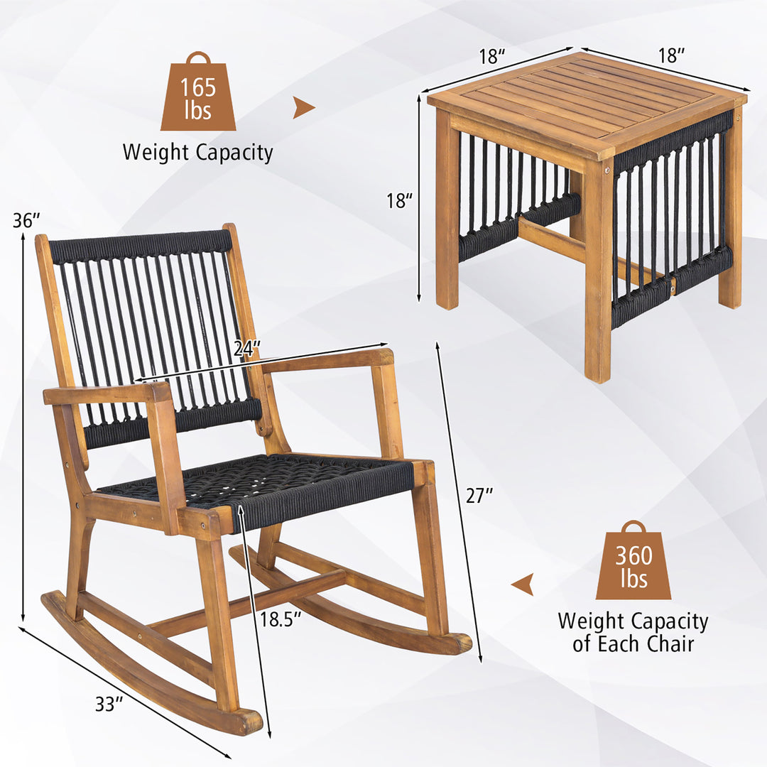 3 Piece Acacia Wood Rocking Chair Set w/ Coffee Table and All-Weather Rope Patio Poolside Image 10