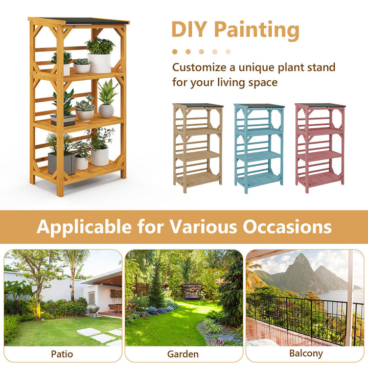 Outdoor Wood Garden Shelf 3-Tier Ladder Plant Stand w/ Weatherproof Asphalt Roof Image 6