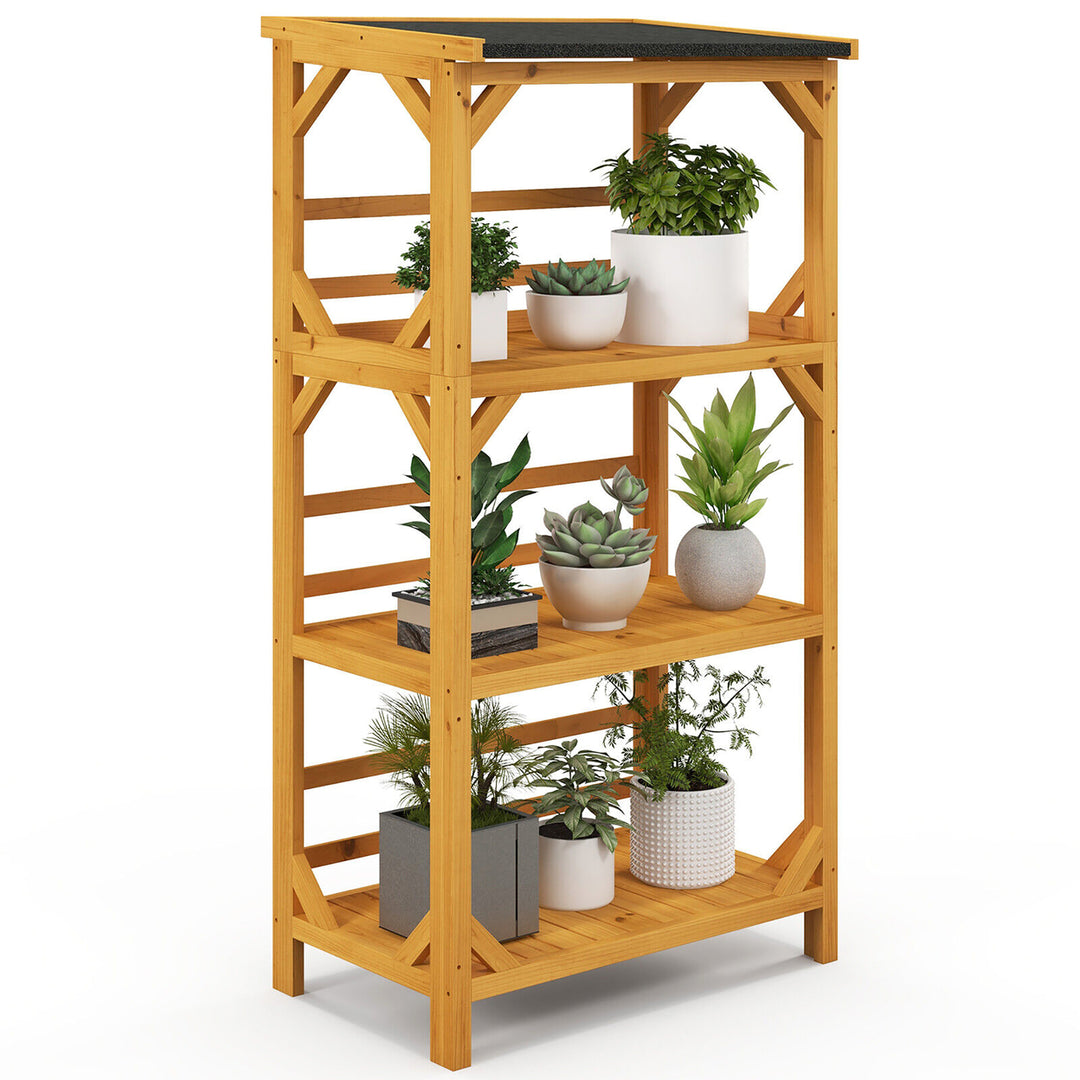 Outdoor Wood Garden Shelf 3-Tier Ladder Plant Stand w/ Weatherproof Asphalt Roof Image 10