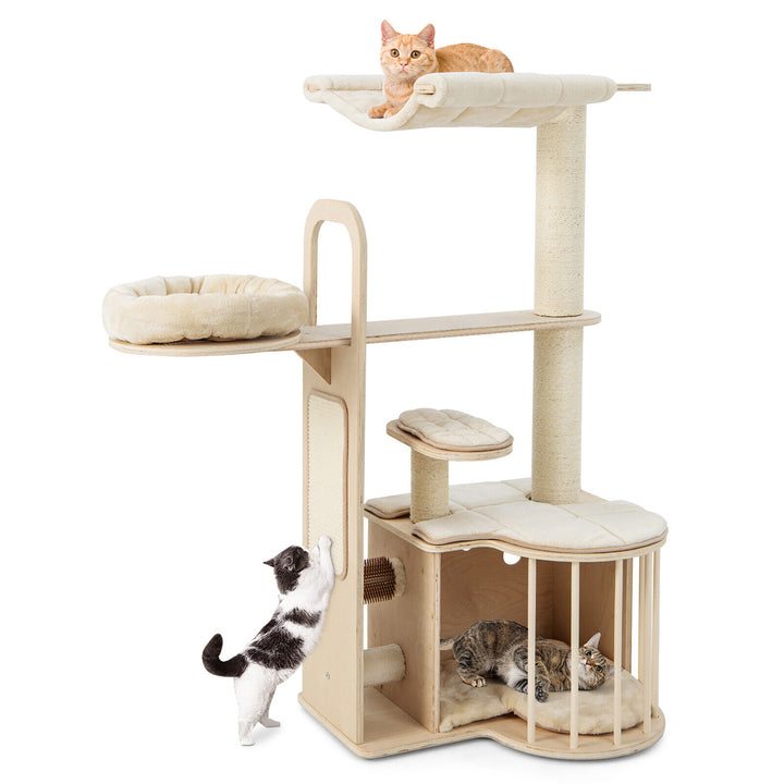 55 Tall Cat Tree Tower Multi-Layer Wooden Activity Center w/ Rest Condo and Hammock Image 1