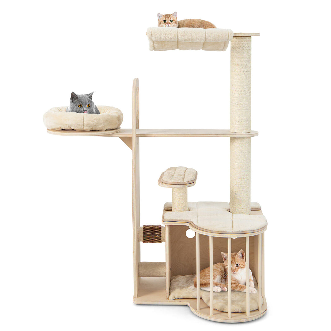 55 Tall Cat Tree Tower Multi-Layer Wooden Activity Center w/ Rest Condo and Hammock Image 10