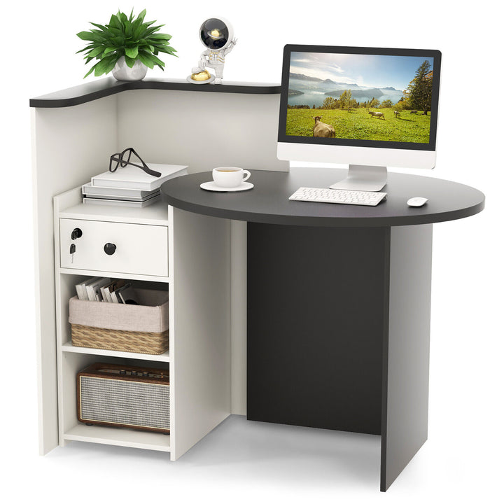 Front Reception Counter Desk Checkout Office Desk w/Open Shelf and Lockable Drawer Image 1