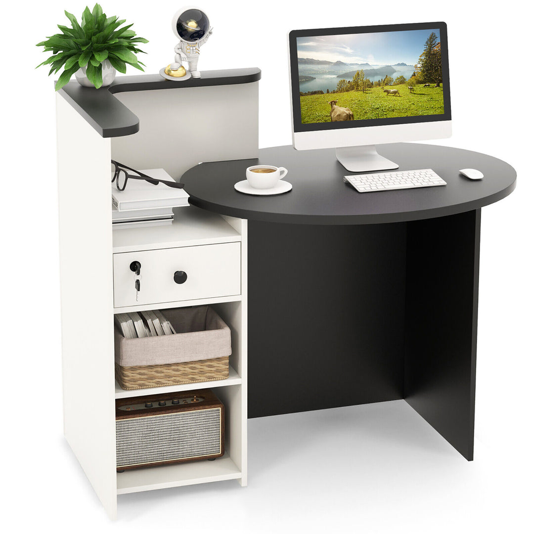 Front Reception Counter Desk Checkout Office Desk w/Open Shelf and Lockable Drawer Image 10