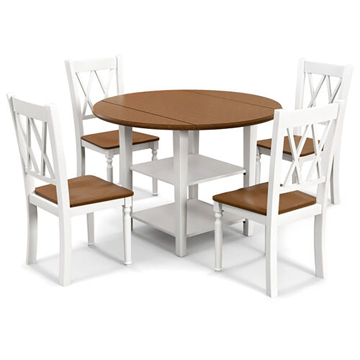 5 Piece Round Dining Kitchen Set w/ Drop Leaf Dining Table Folded and 4 Chairs Image 1