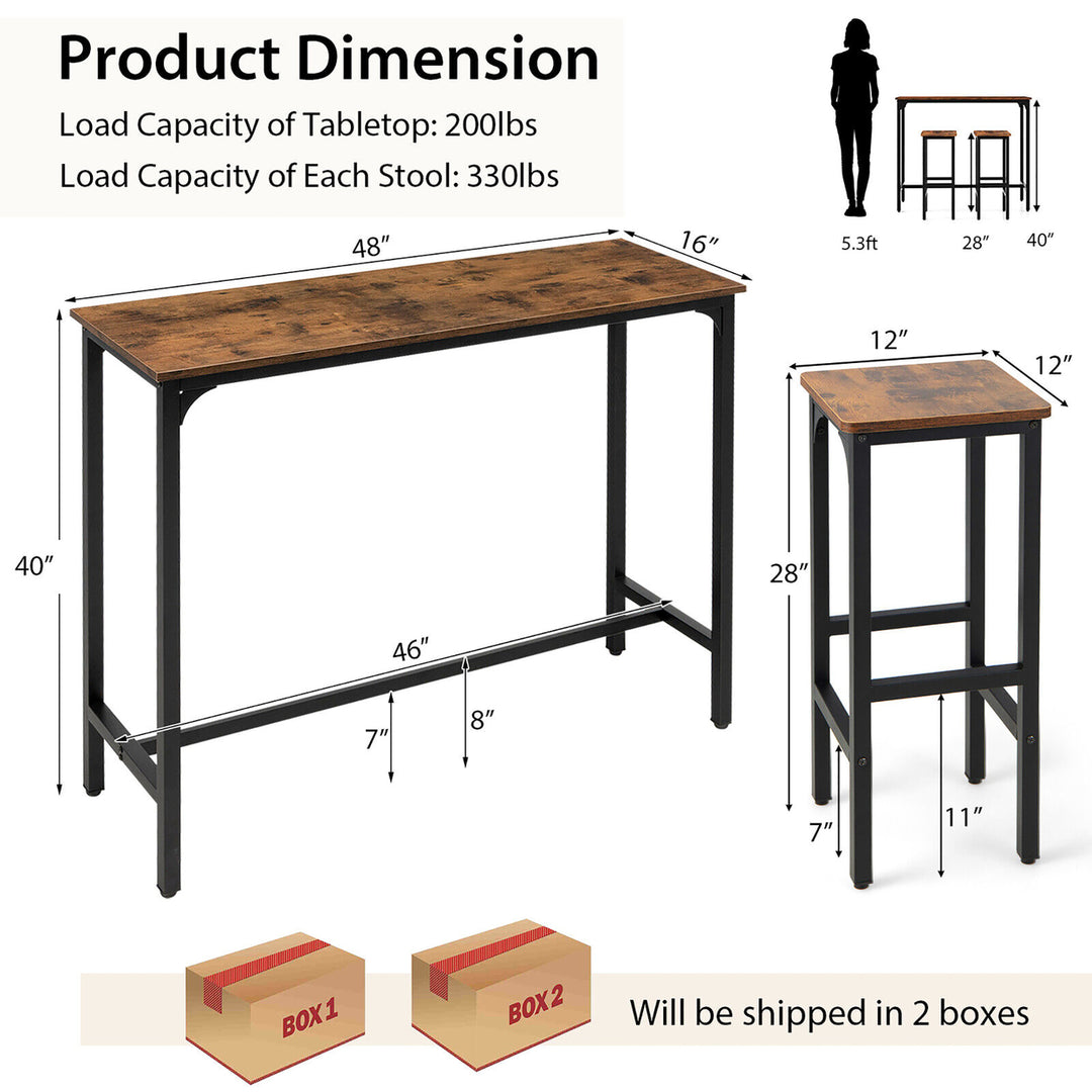 3PCS Bar Table and Chairs Set Industrial Dining Breakfast Table Set w/ Metal Frame Image 2