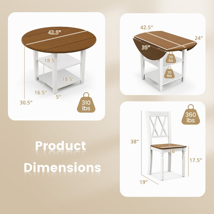 5 Piece Round Dining Kitchen Set w/ Drop Leaf Dining Table Folded and 4 Chairs Image 2