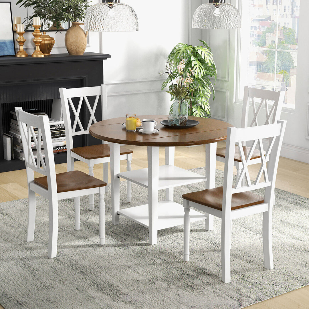 5 Piece Round Dining Kitchen Set w/ Drop Leaf Dining Table Folded and 4 Chairs Image 3