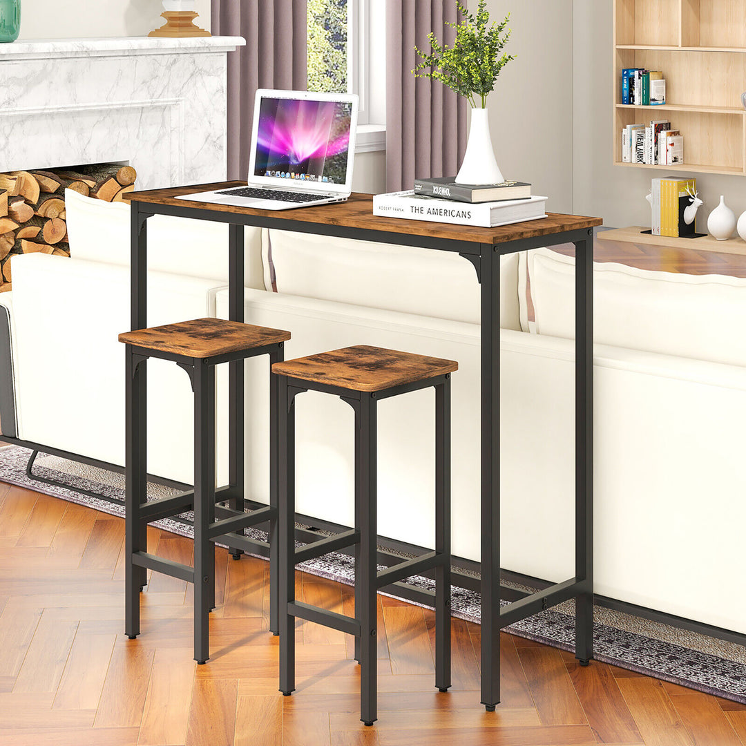 3PCS Bar Table and Chairs Set Industrial Dining Breakfast Table Set w/ Metal Frame Image 3