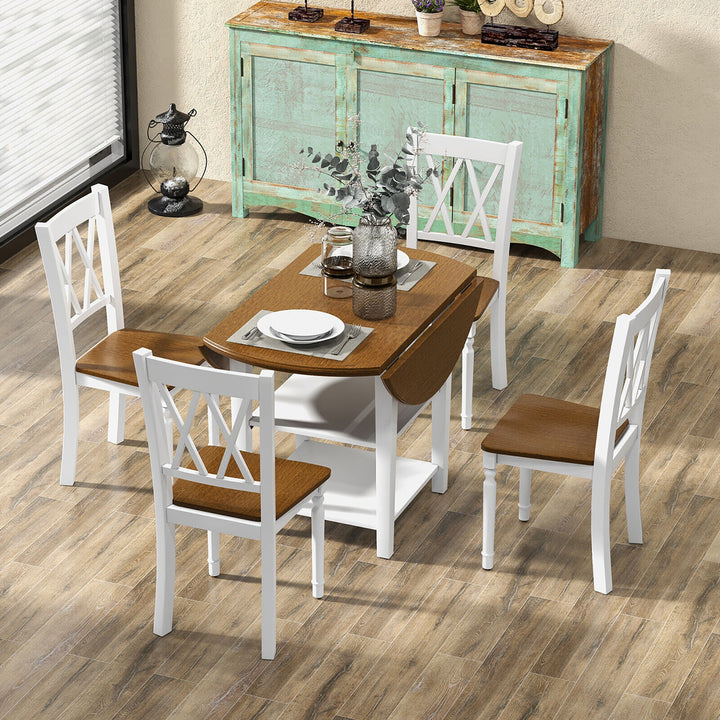 5 Piece Round Dining Kitchen Set w/ Drop Leaf Dining Table Folded and 4 Chairs Image 4