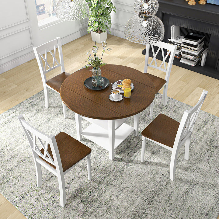 5 Piece Round Dining Kitchen Set w/ Drop Leaf Dining Table Folded and 4 Chairs Image 5