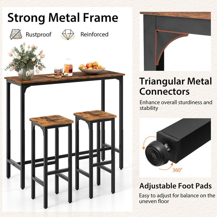 3PCS Bar Table and Chairs Set Industrial Dining Breakfast Table Set w/ Metal Frame Image 6