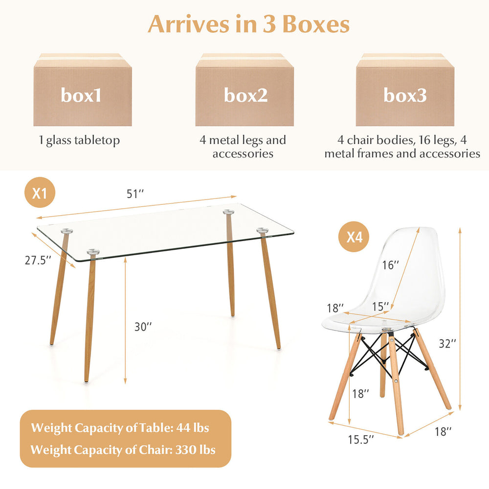 Modern 5-Piece Dining Table Set w/ Rectangle Glass Table and 4 Transparent Chairs Image 2