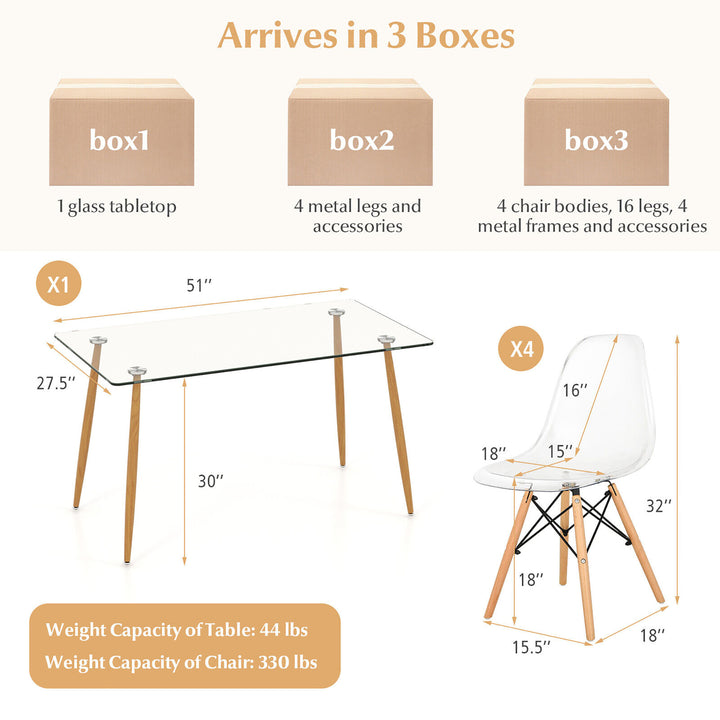 Modern 5-Piece Dining Table Set w/ Rectangle Glass Table and 4 Transparent Chairs Image 2