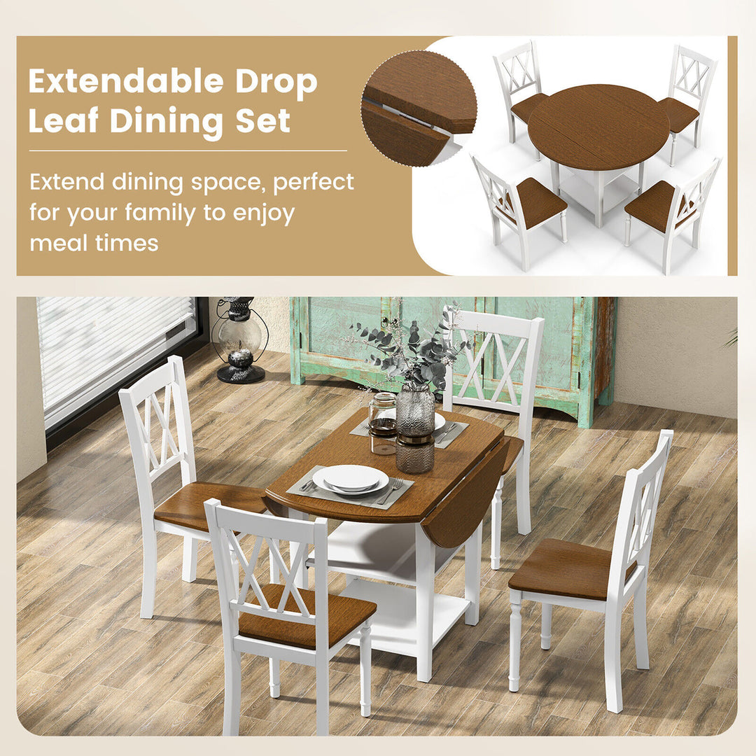 5 Piece Round Dining Kitchen Set w/ Drop Leaf Dining Table Folded and 4 Chairs Image 7