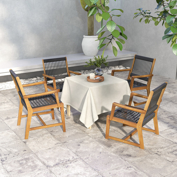 Patio 4PCS Acacia Wood Dining Chairs All-Weather Rope Woven Armchairs Outdoor Image 4