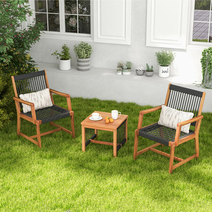 3 PCS Solid Acacia Wood Patio Set All-Weather Rope Woven Chair Garden Poolside Image 3