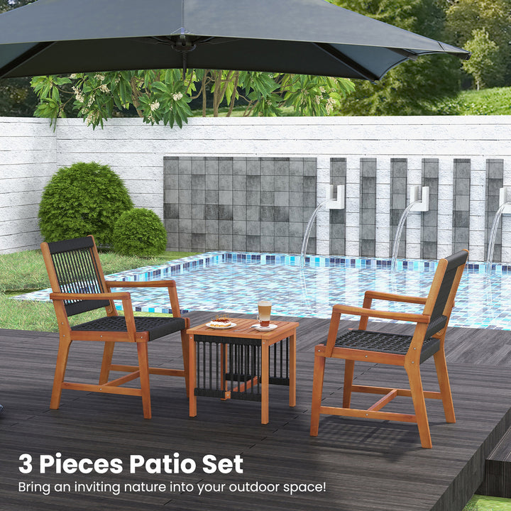 3 PCS Solid Acacia Wood Patio Set All-Weather Rope Woven Chair Garden Poolside Image 4