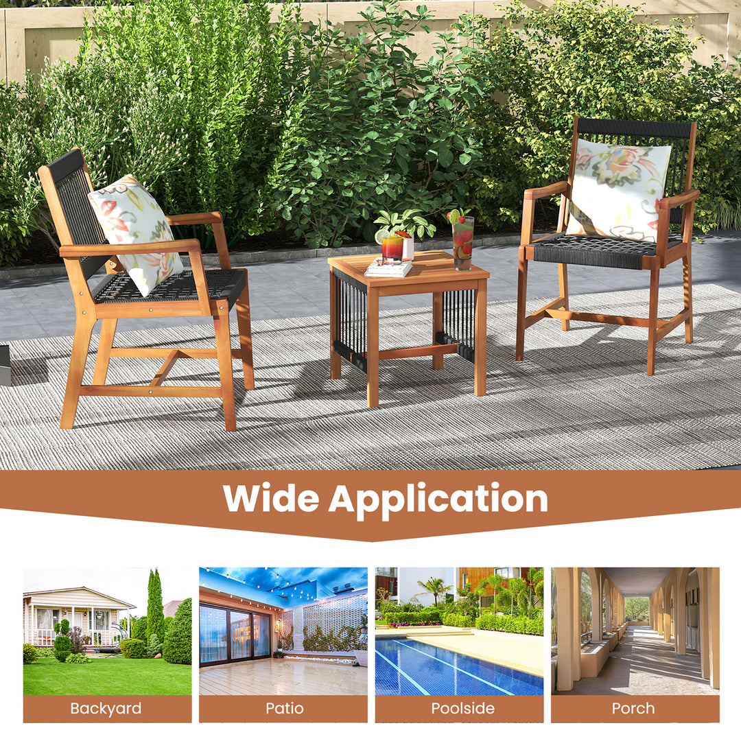 3 PCS Solid Acacia Wood Patio Set All-Weather Rope Woven Chair Garden Poolside Image 7