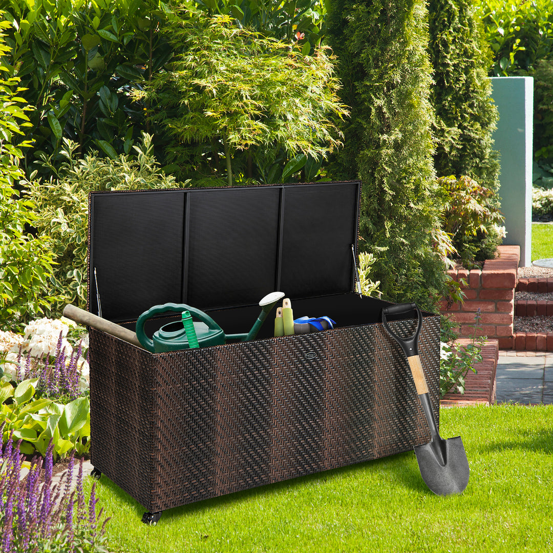 2-in-1 PE Wicker Outdoor Storage Box Furniture Deck Box Garden Tools Image 3