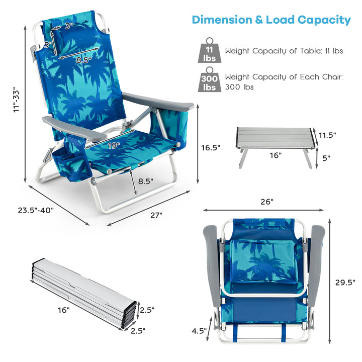 2-Pack Folding Backpack Beach Chair Table Set 5-Position Outdoor Reclining Chair Image 3