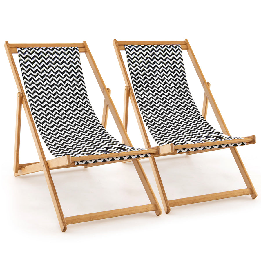 2pcs Foldable Patio Sling Chair w/ Solid Bamboo Frame and Breathable Canvas Seat Beach Image 1