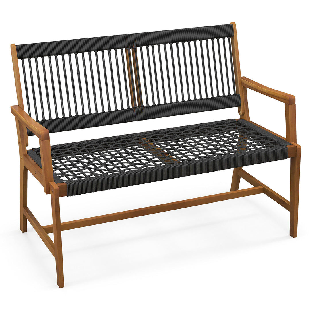 Patio 2-Person Acacia Wood Bench All-Weather Rope Woven Outdoor Garden Natural Image 1