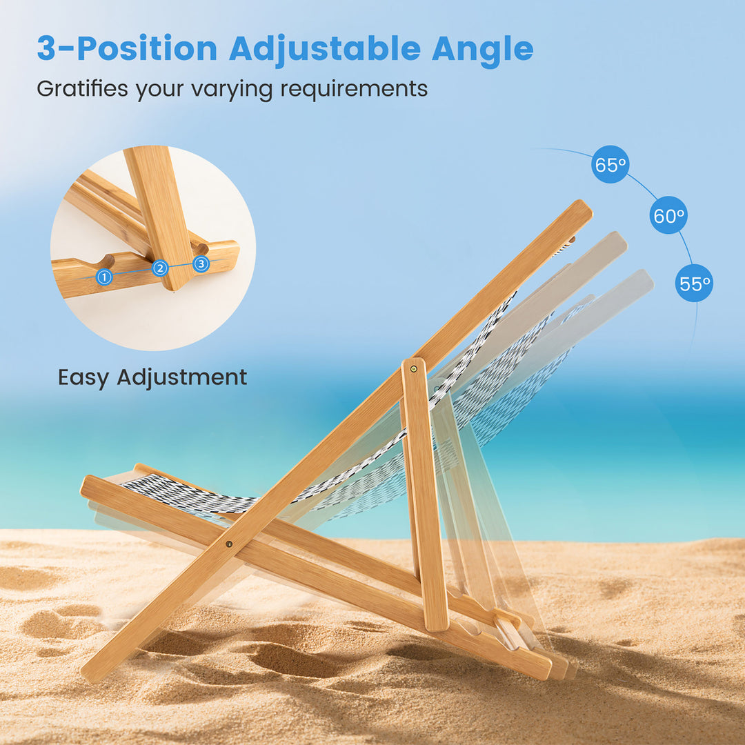 2pcs Foldable Patio Sling Chair w/ Solid Bamboo Frame and Breathable Canvas Seat Beach Image 7