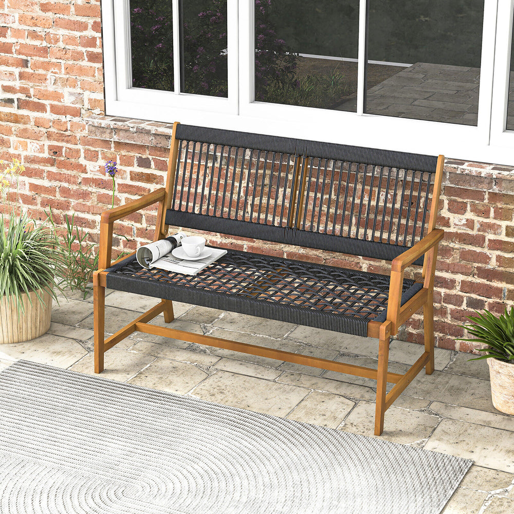 Patio 2-Person Acacia Wood Bench All-Weather Rope Woven Outdoor Garden Natural Image 2