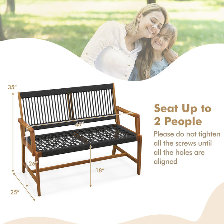 Patio 2-Person Acacia Wood Bench All-Weather Rope Woven Outdoor Garden Natural Image 3