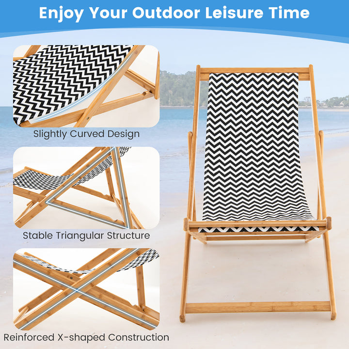 2pcs Foldable Patio Sling Chair w/ Solid Bamboo Frame and Breathable Canvas Seat Beach Image 8