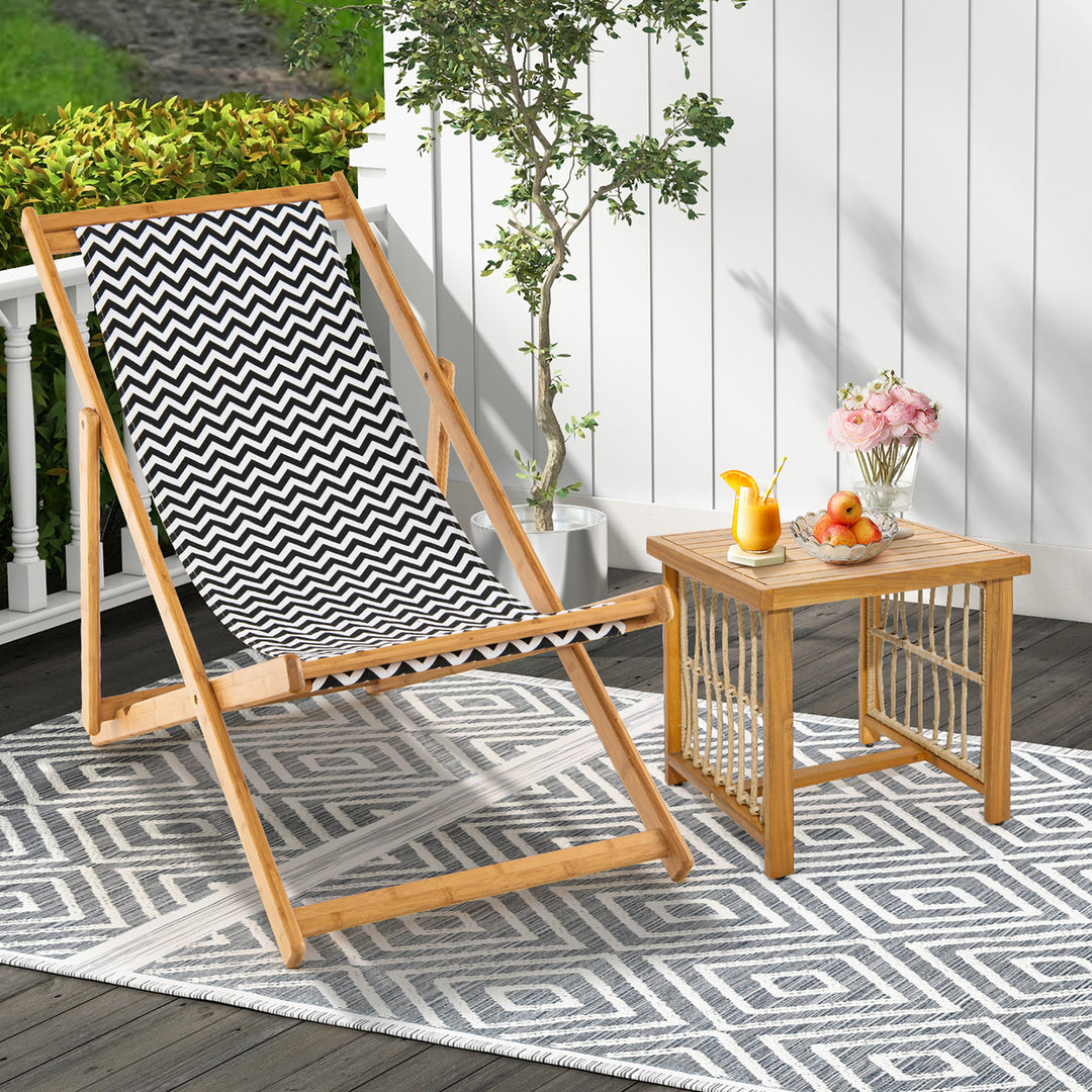 2pcs Foldable Patio Sling Chair w/ Solid Bamboo Frame and Breathable Canvas Seat Beach Image 9