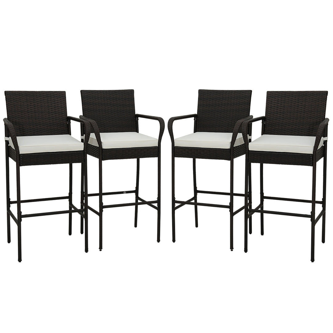 4PCS Patio PE Wicker Bar Chairs Counter Height Barstools With Armrests and Cushions Image 1