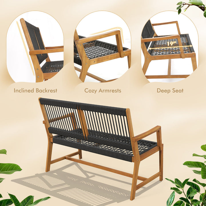 Patio 2-Person Acacia Wood Bench All-Weather Rope Woven Outdoor Garden Natural Image 6