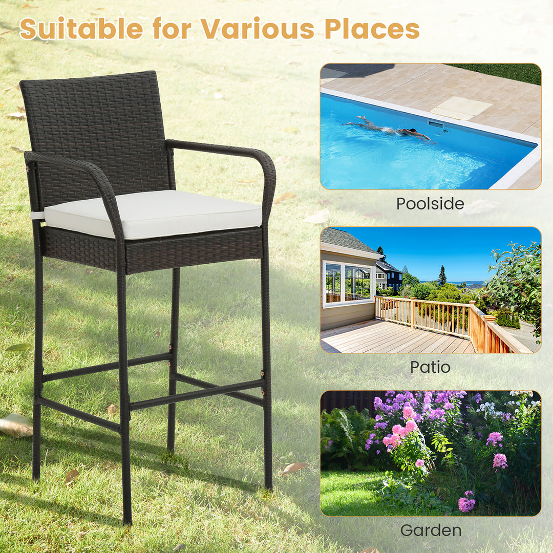 4PCS Patio PE Wicker Bar Chairs Counter Height Barstools With Armrests and Cushions Image 9