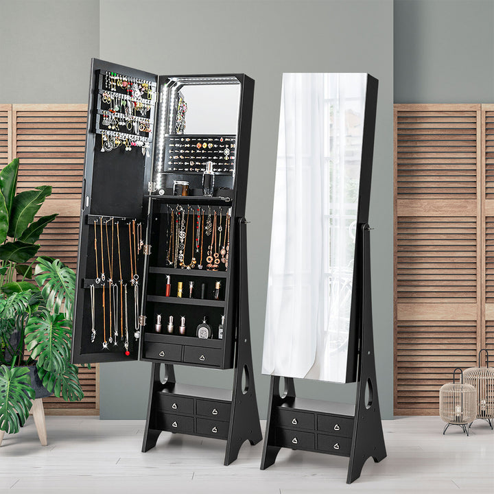 Jewelry Cabinet Armoire Full Length LED Mirror W/ 6 Drawers and Makeup Shelf Black Image 4